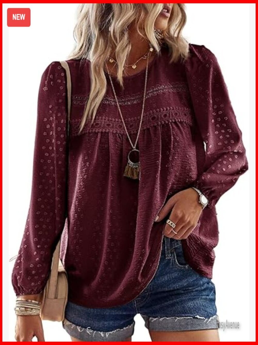 Long Sleeve Crewneck Blouse with Lace Hem, Boho Style, Regular Fit